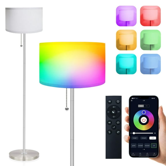 Lambaolom Rattan Floor Lamp Remote-Controlled Modern Standing Lamp with Stepless Dimmable LED, Hand-Worked Shades for Living Room, Bedroom