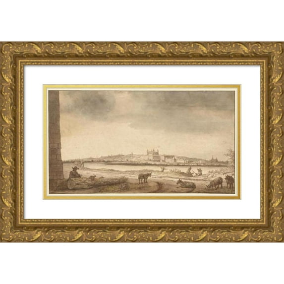 Lambert Doomer 18x12 Gold Ornate Wood Frame and Double Matted Museum Art Print Titled - The Town and Castle of Saumur from Across the Loire (1670)