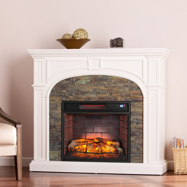 Lambert Electric Fireplace with Faux Stone, White