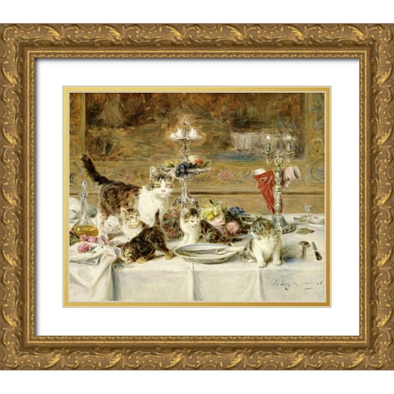 Lambert, Louis Eugene 14x12 Gold Ornate Wood Framed with Double Matting Museum Art Print Titled - After Dinner