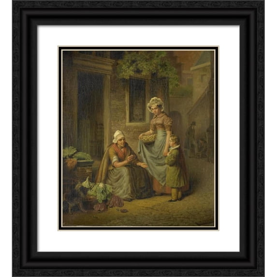 Lambertus Johannes Hansen 12x14 Black Ornate Wood Framed Double Matted Museum Art Print Titled: Woman Selling Vegetables (1825 - 1845)