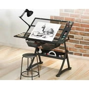 Glass Drafting Table Art Desk   Adjustable Professhional Artwork Drawing Drafting Table Desk, Glass-Topped Art Table for Craft Station Studio  Black