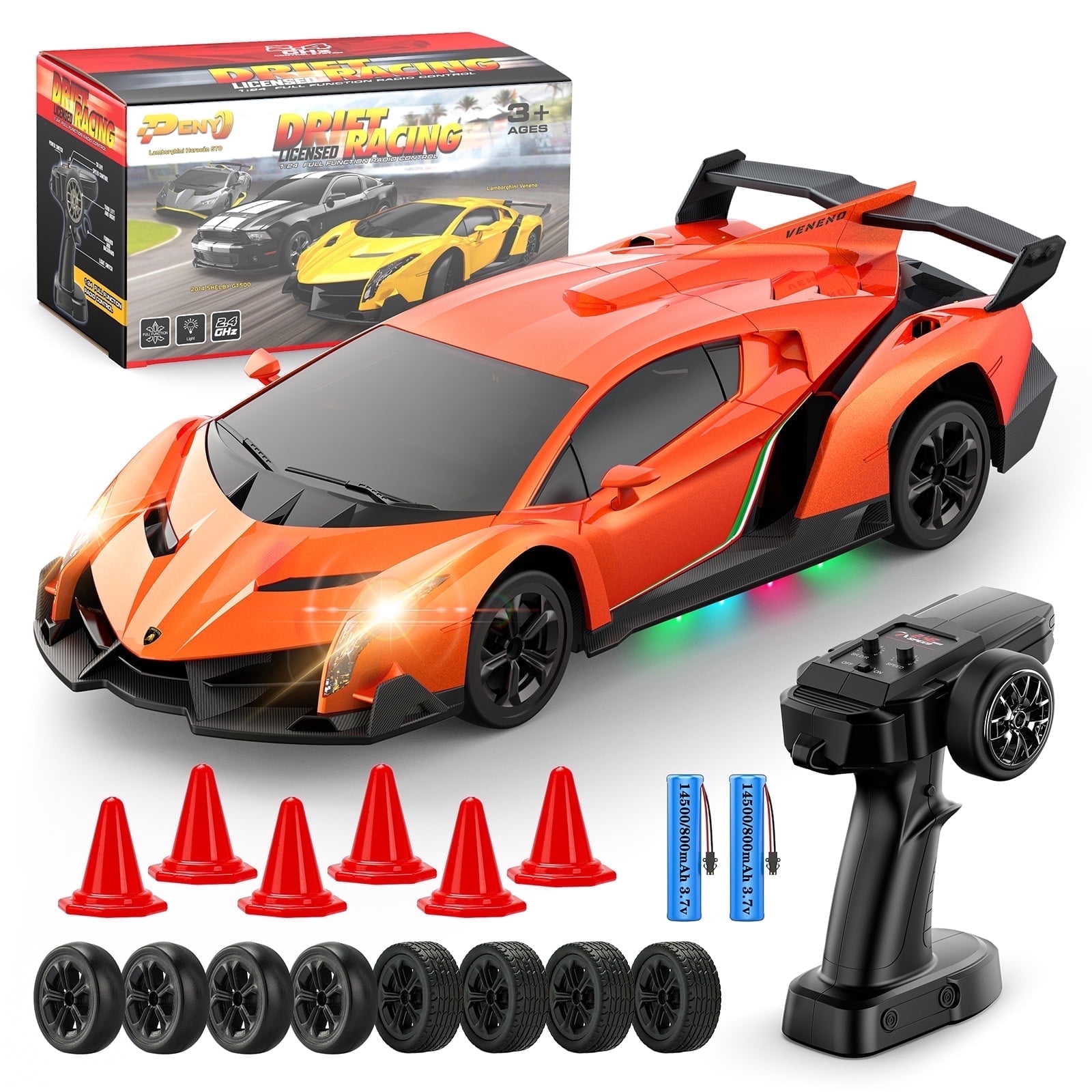 Lamborghini Remote Control Car Toy, Officially Licensed RC Drift Car 15Km/h with Underglow & Headlights, 1:24 Scale 2.4GHz, 2 Batteries 60 Min Play, RC Gift Toy for Boys & Girls Ages 3-12 & Adults