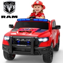 RAM 1500 Ride on Truck Cars, 12V Powered Ride on Toys with Remote Control, 4 Wheel Suspension Electric Cars for 3-5 Yrs Boy Girl W/Key Switch, Safety Belt, Music, Bluetooth, LED, Red Fire Truck