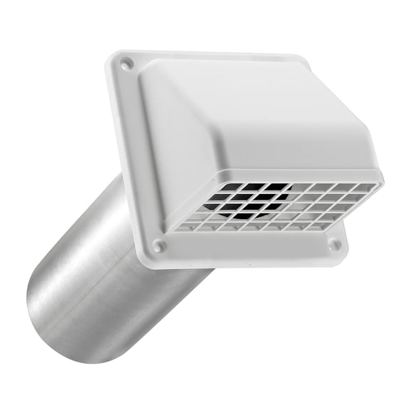Lambro 4-In. Plastic Wall Exhaust Hood Dryer Vent with Damper, Removable Screen, and 11-In. Pipe, No Interior Trim Plate, White, 224W-B