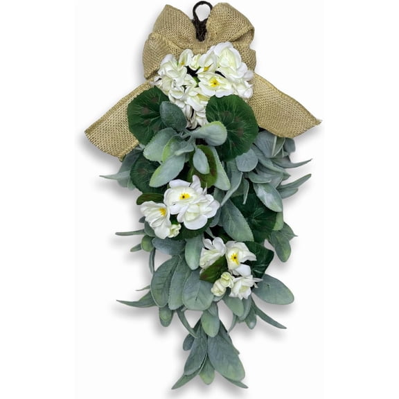 Lambs Ear Teardrop Swag Wreath 18.8 Artificial Greenery Door Hanging for Spring & Summer Vibes, Rustic Farmhouse Wall Decor for All-Season Use, Home, Wedding, or Gift