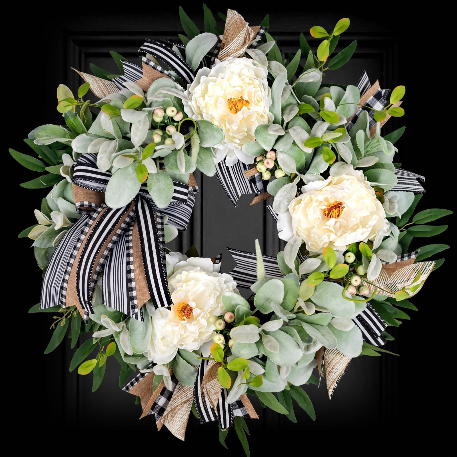 Lambs Ear Wreaths for Front Door Year Round Outside, 20'' Artificial ...