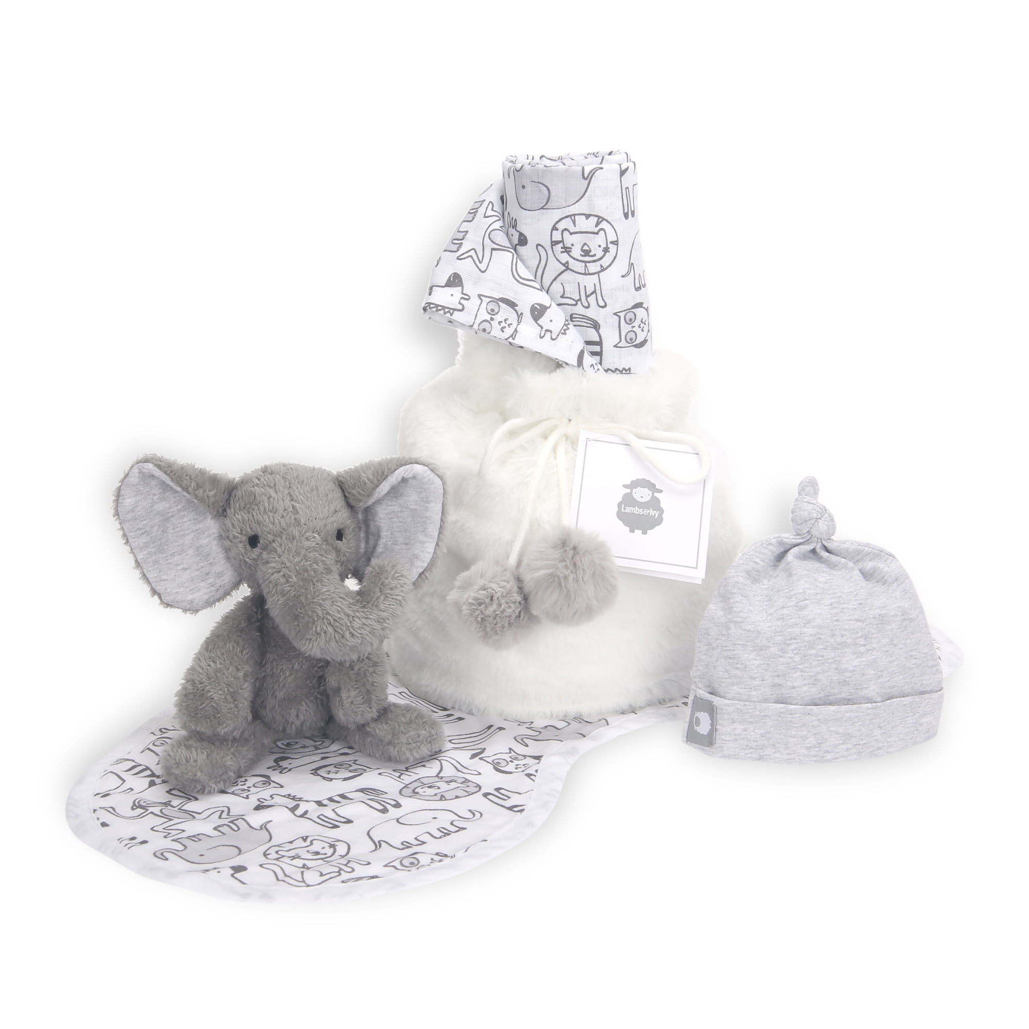 Lambs & Ivy 5 Piece Gray/White Plush Infant/Newborn Baby Gift Bag w ...
