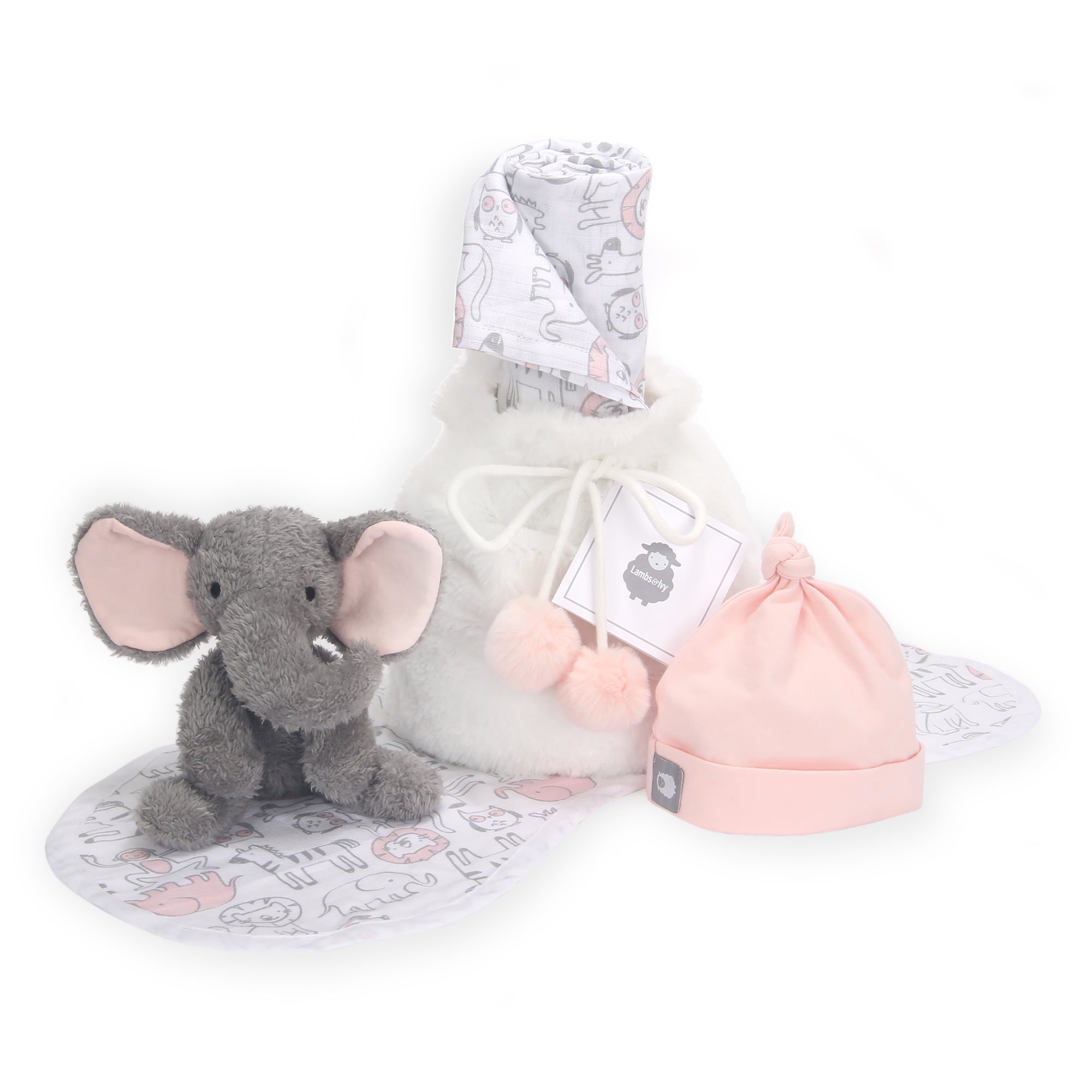 Lambs & Ivy 5 Piece Pink/Gray Plush Infant/Newborn Baby Gift Bag w/ Swaddle