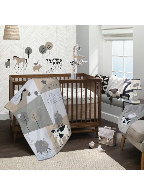 Lambs & Ivy Baby Farm Animals 5-Piece White/Taupe Baby Crib Bedding Set