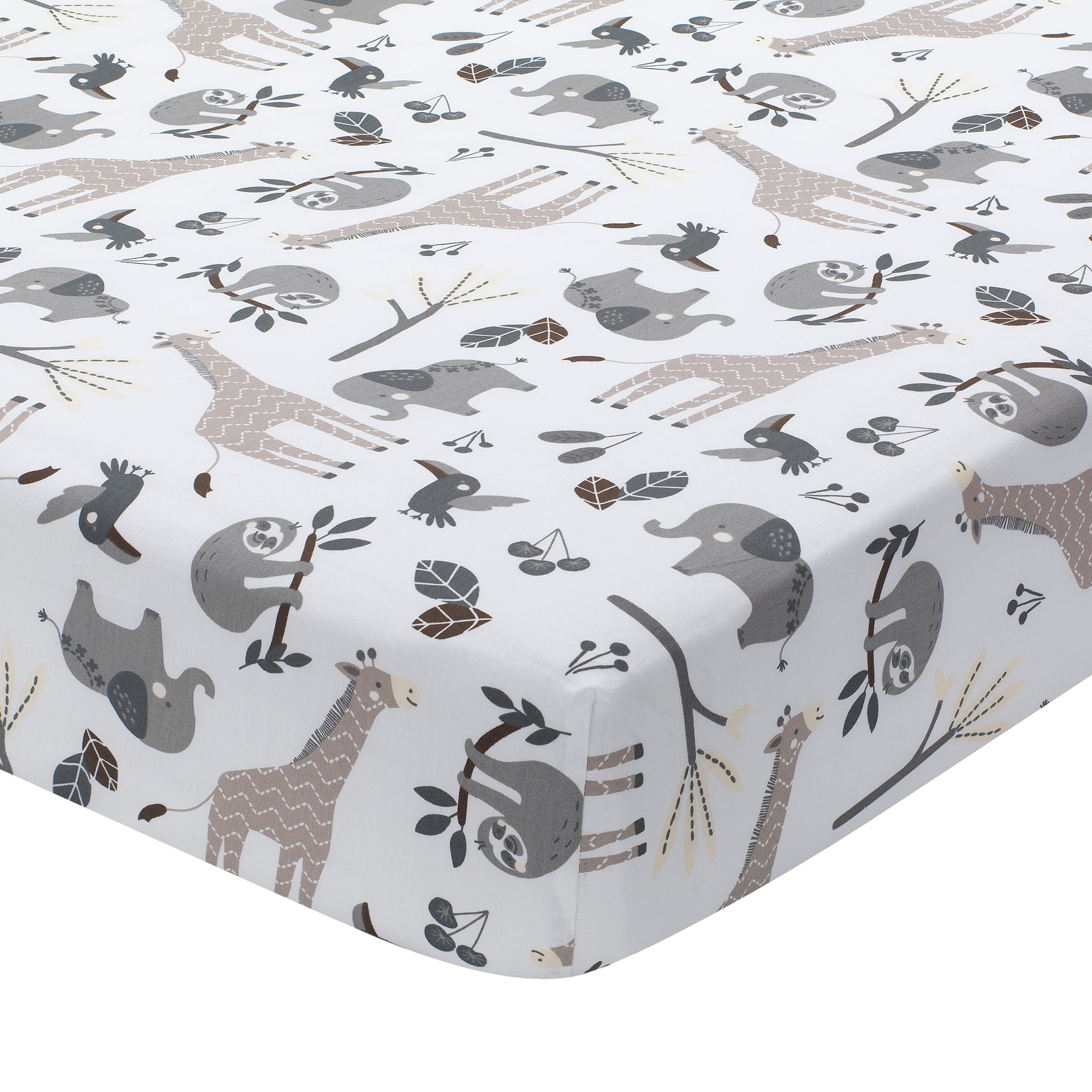 White and Gray Jungle Animal Print Cotton Crib Sheet