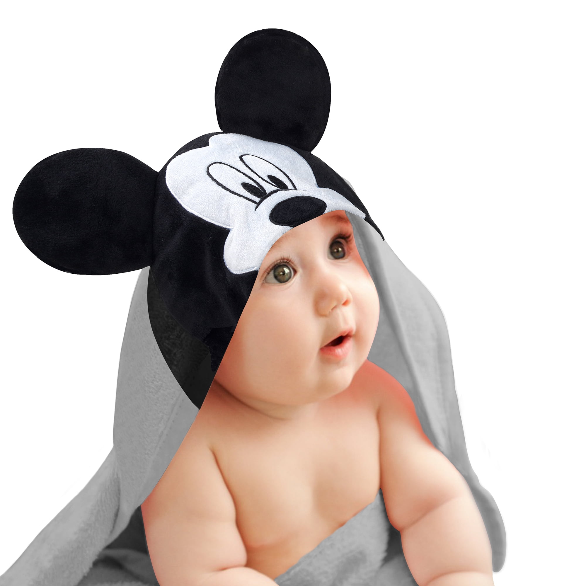 Gray Cotton Hooded Baby Bath Towel with Mickey Mouse Design