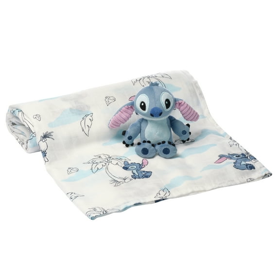 Lambs & Ivy Disney Stitch Luxury Muslin Swaddle Blanket & Plush Toy Gift Set