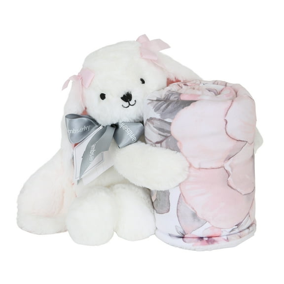 Lambs & Ivy Floral Blanket & White Plush Bunny Stuffed Animal Toy Baby Gift Set
