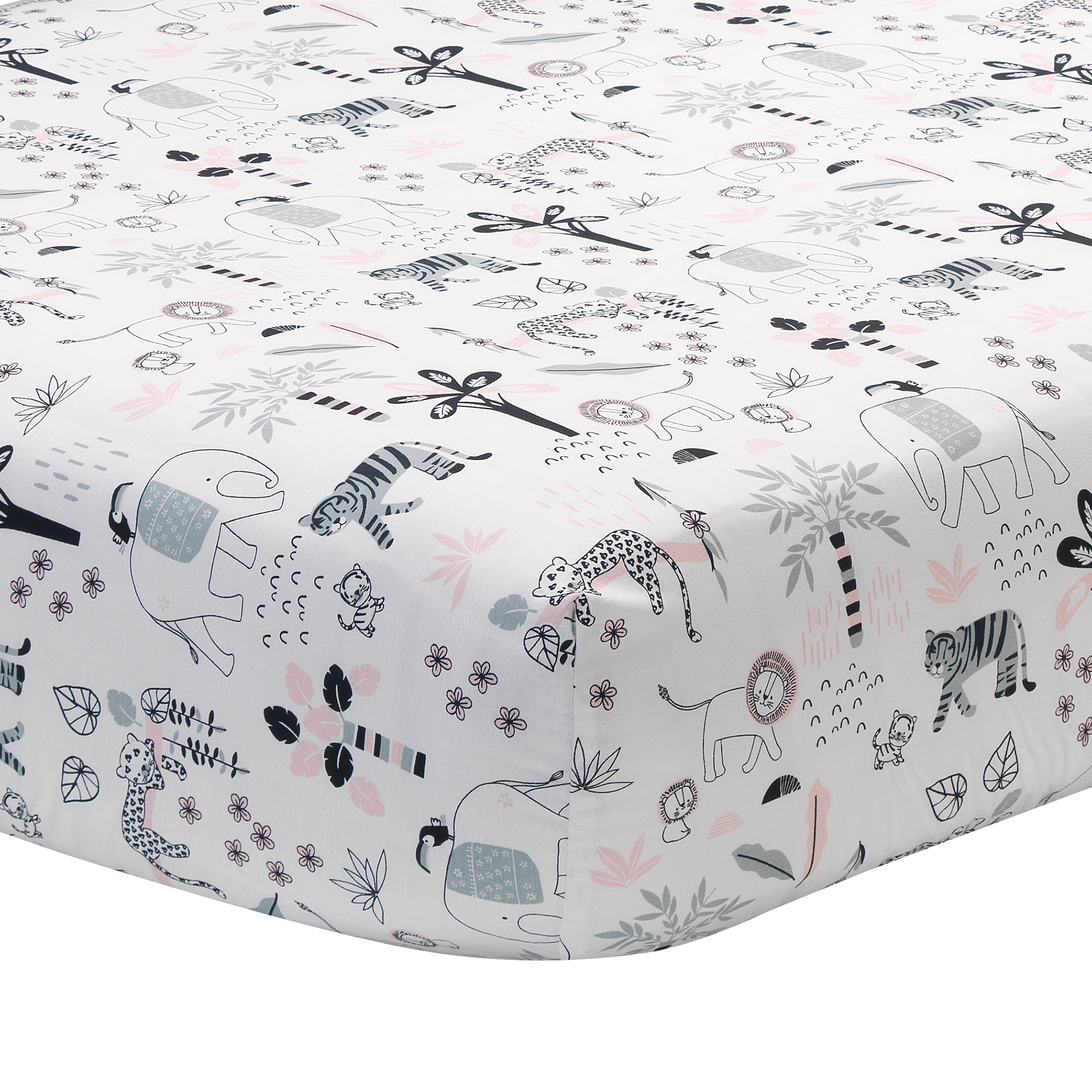 White Cotton Jungle Print Toddler Crib Sheet Set
