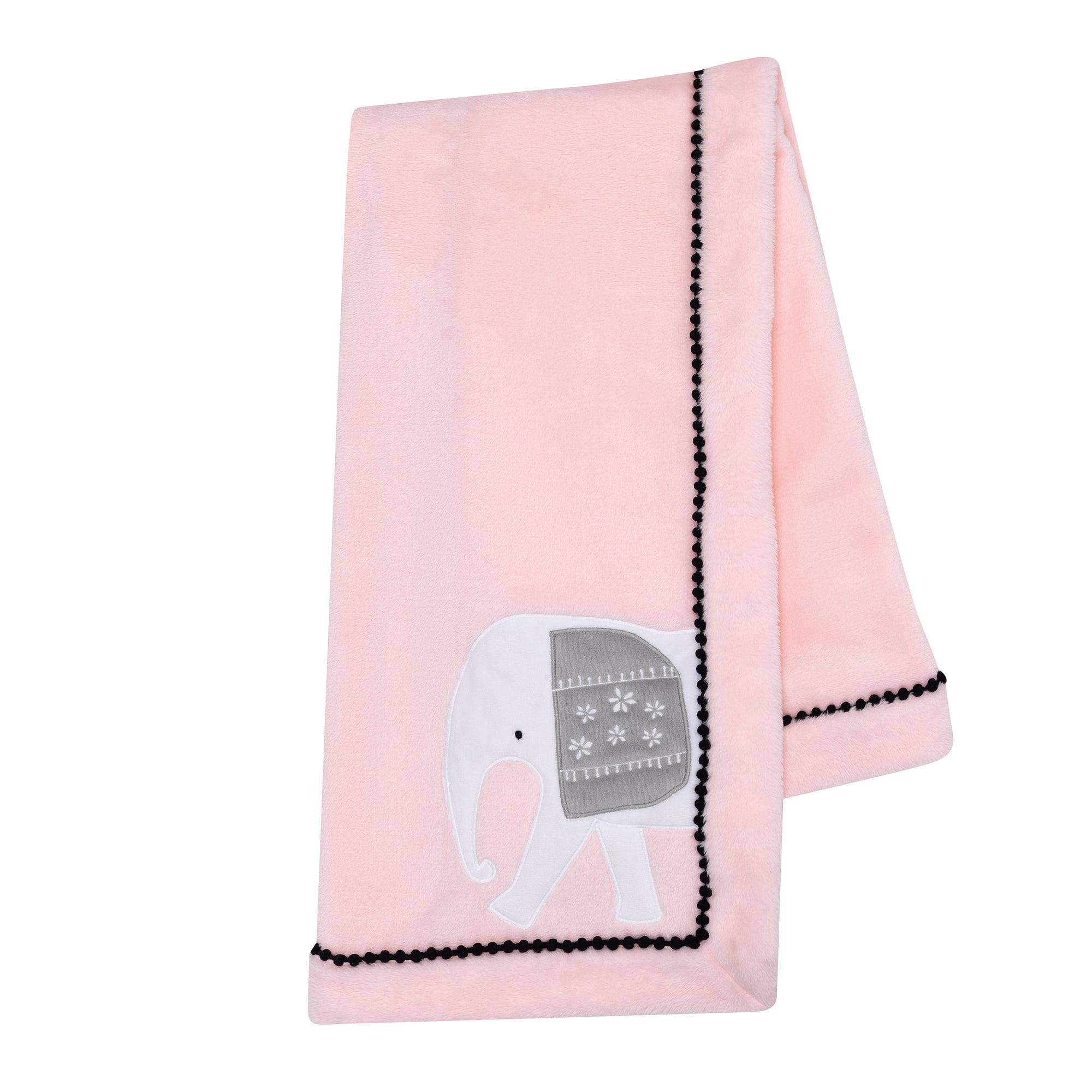 Lambs & Ivy Happy Jungle Pink Elephant Fleece Baby Blanket w/ Pom Pom ...