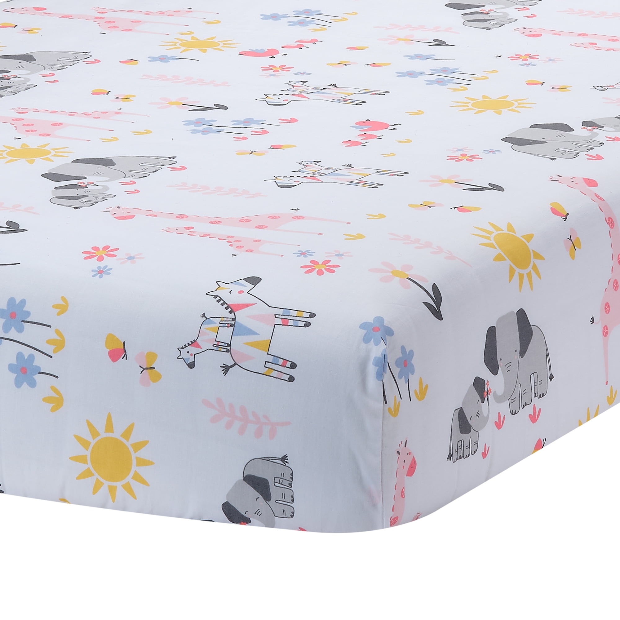 White Cotton Toddler Crib Sheet with Jungle Animals and Butterflies
