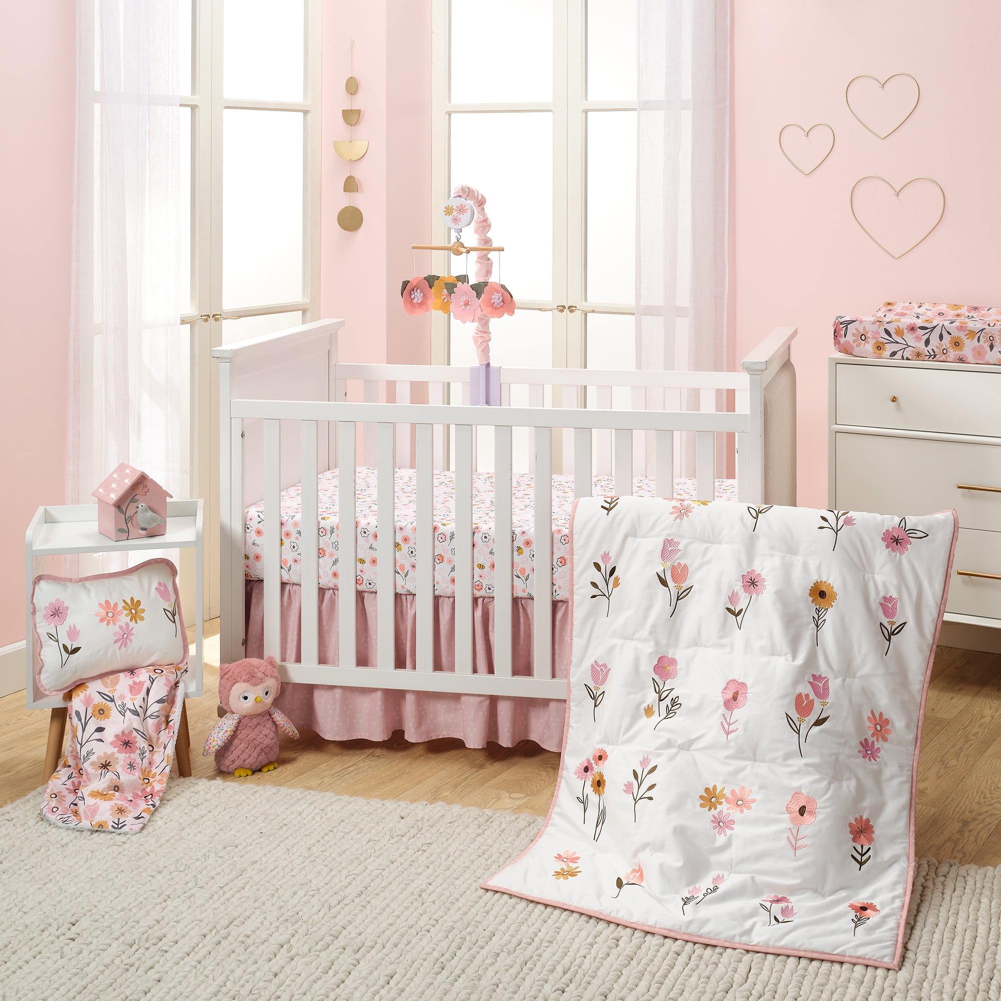 White and Pink Floral Cotton Baby Crib Bedding Set