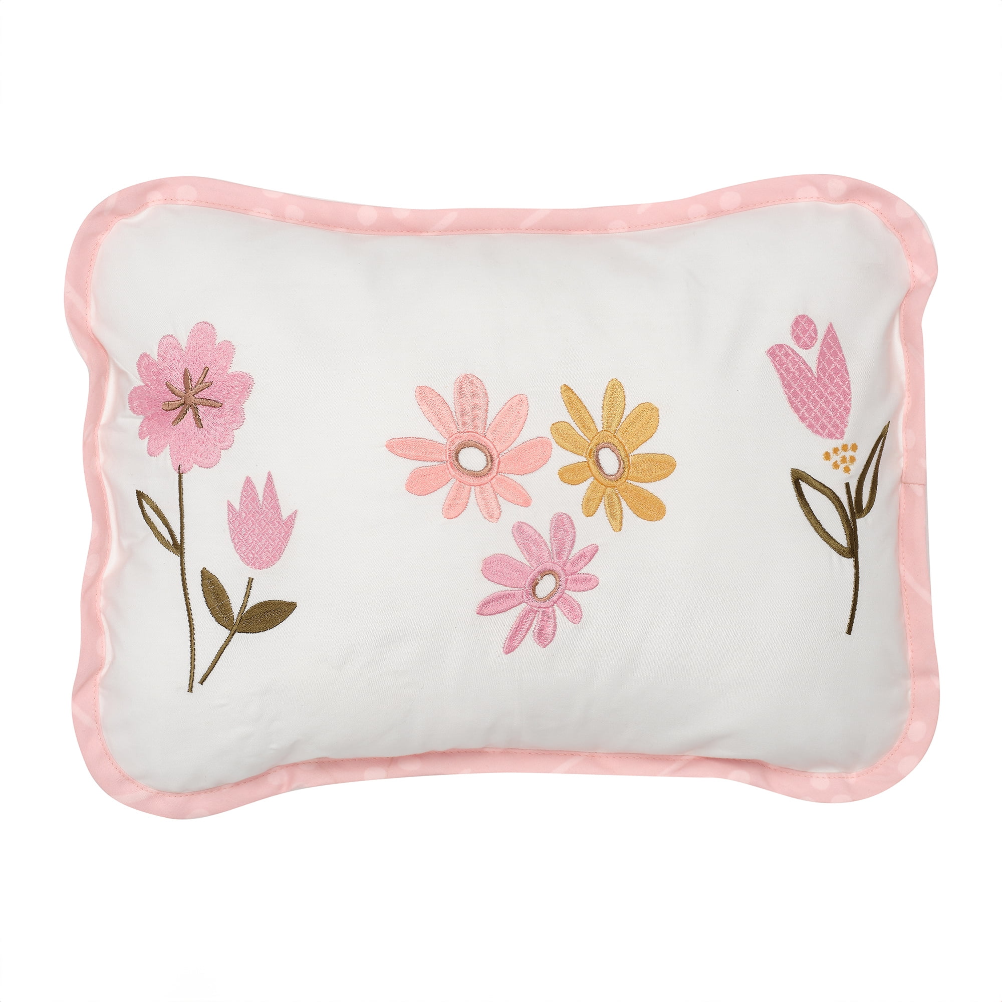 Rectangular White and Pink Embroidered Kids Floral Pillow