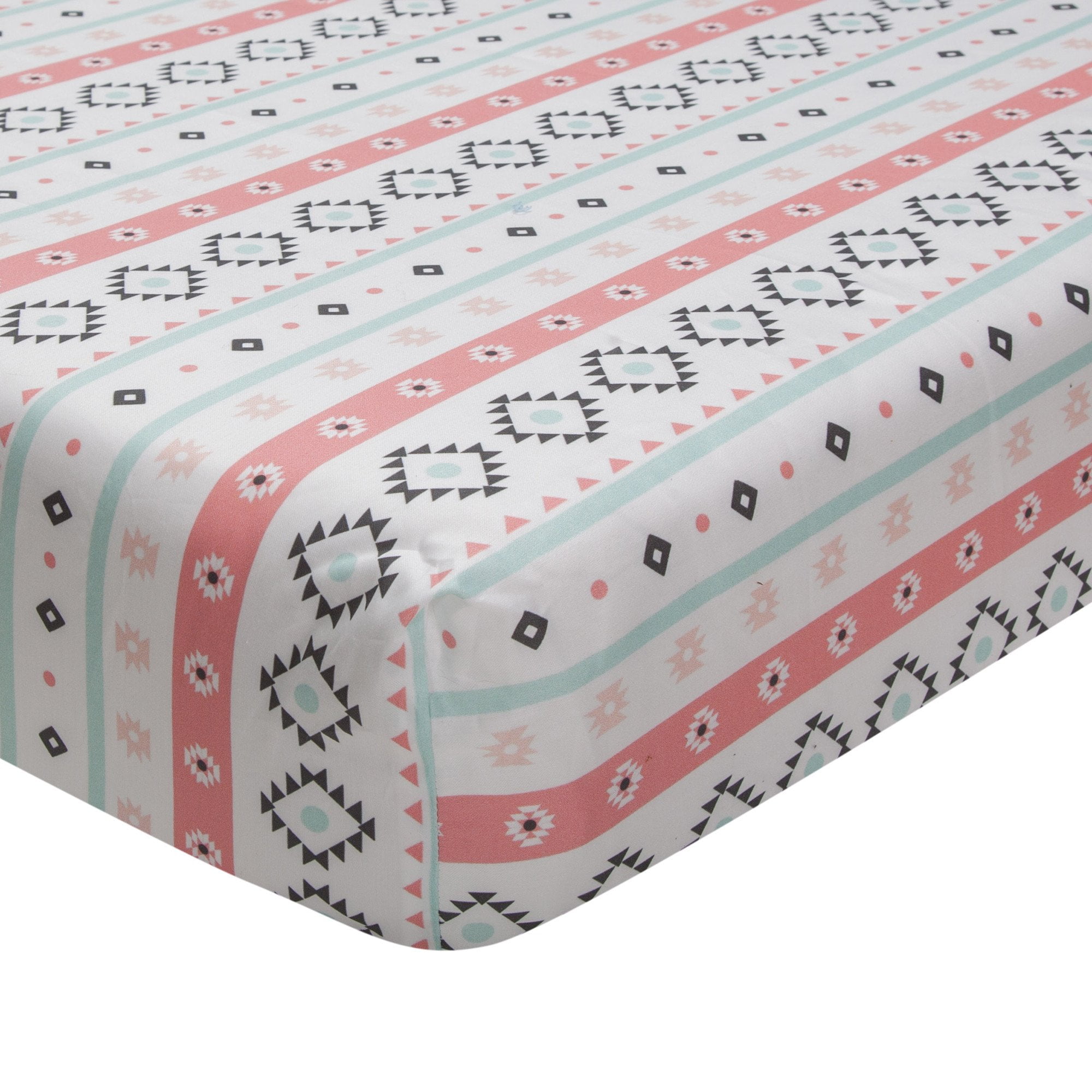 White and Coral Cotton Fitted Crib Sheet with Southwest Stripe