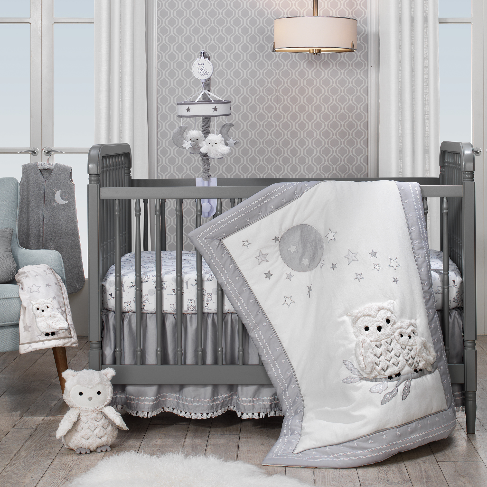 Lambs & Ivy Luna White/Gray Celestial Owl 4-Piece Nursery Baby Crib Bedding Set - image 1 of 9