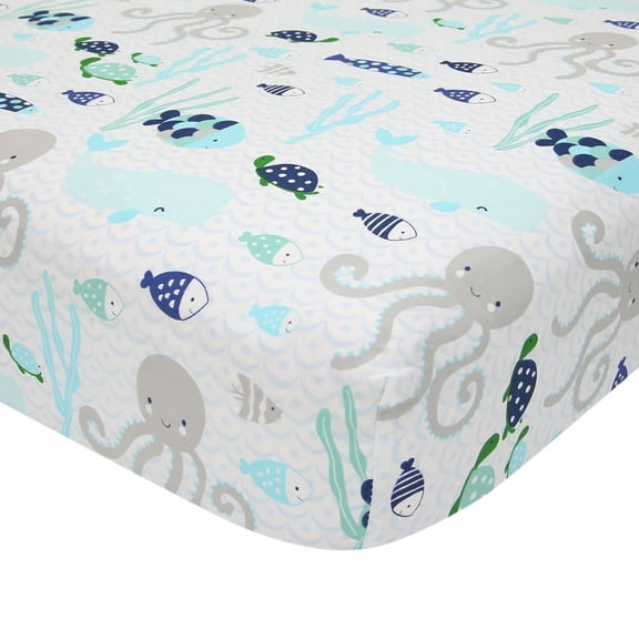 Lambs & Ivy Oceania Cotton Fitted Crib Sheet - Blue, Gray, White, Aquatic