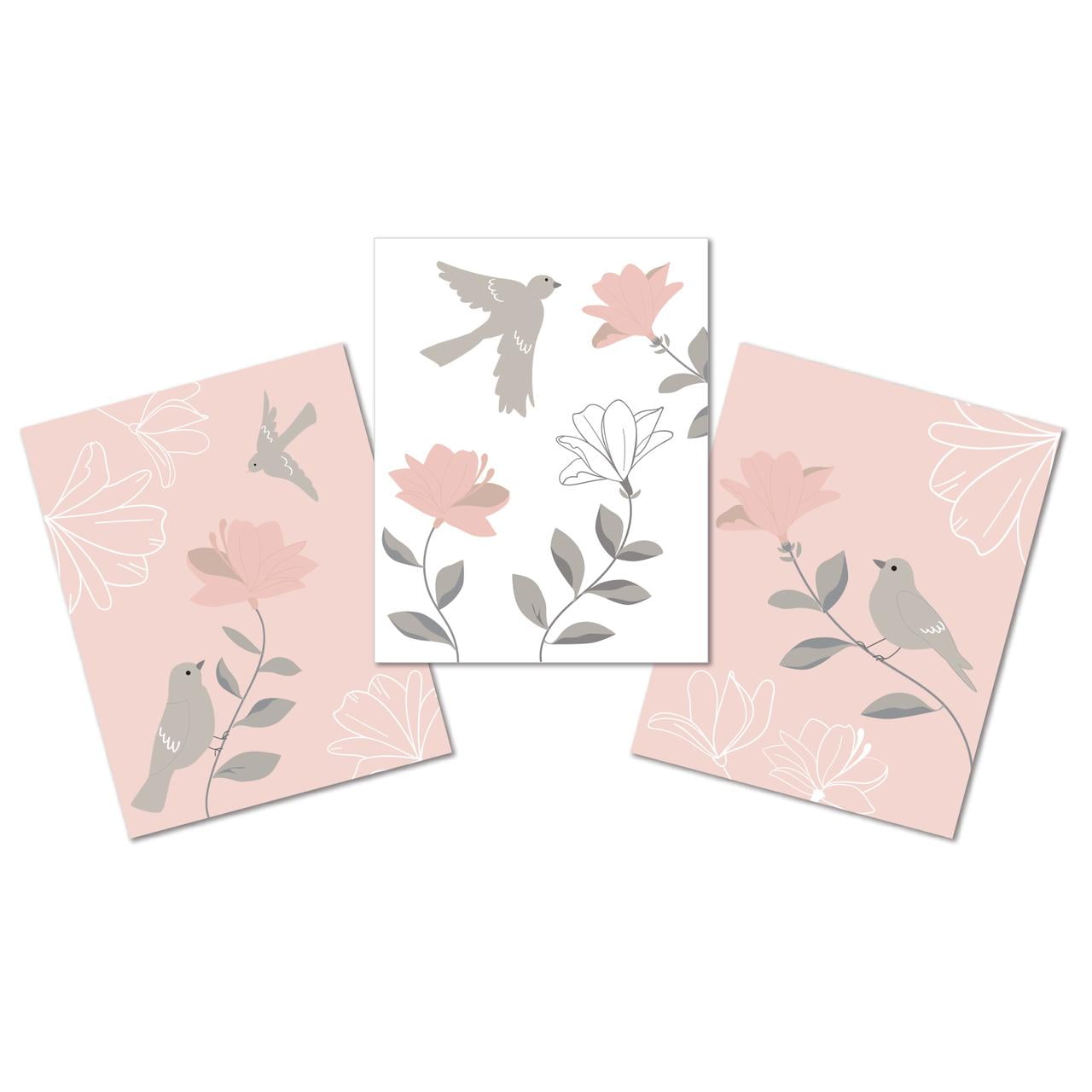 Petal Pink and Soft White Floral Bird Unframed Wall Art Set