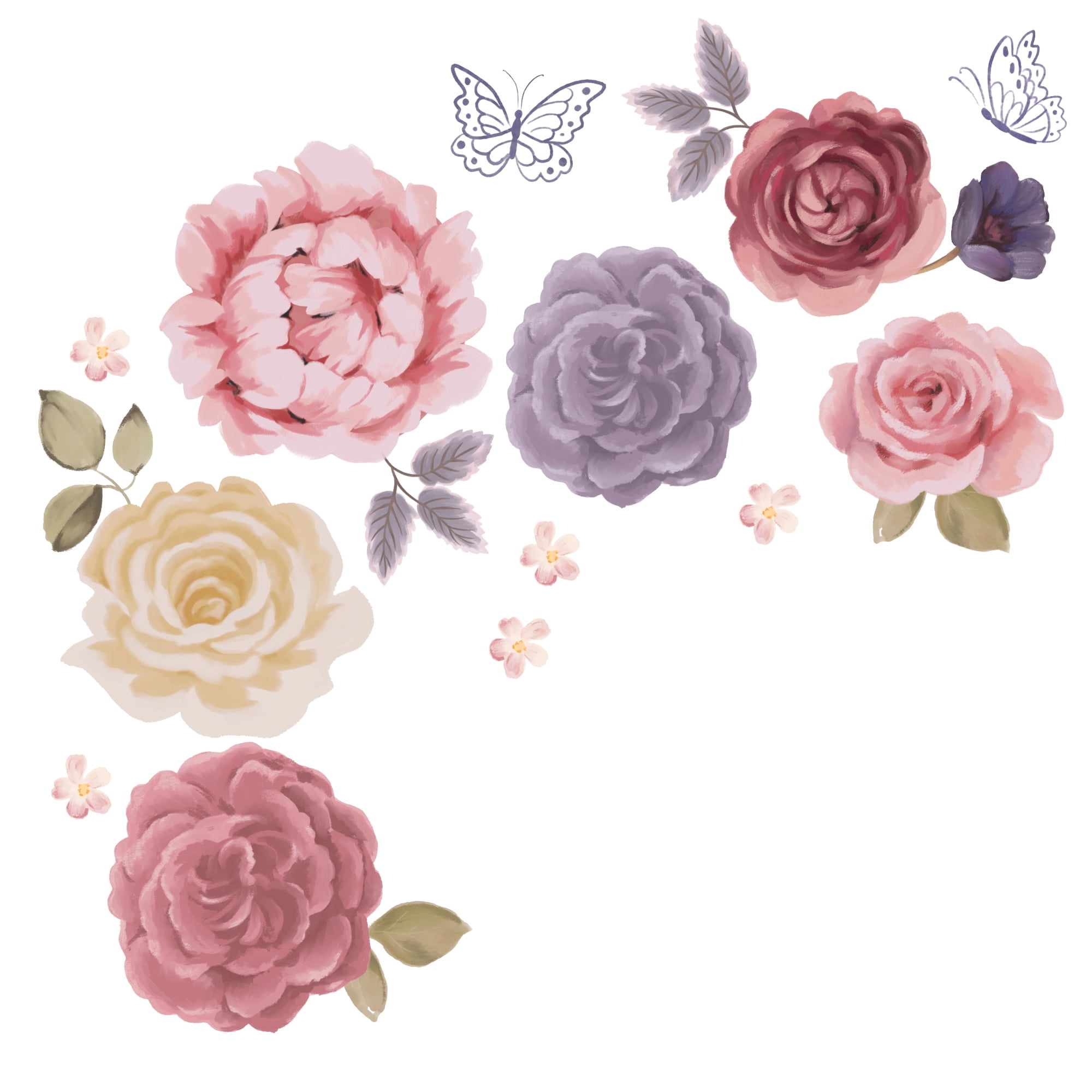Large Botanical Pink and Purple Flower Wall Decals for Kids