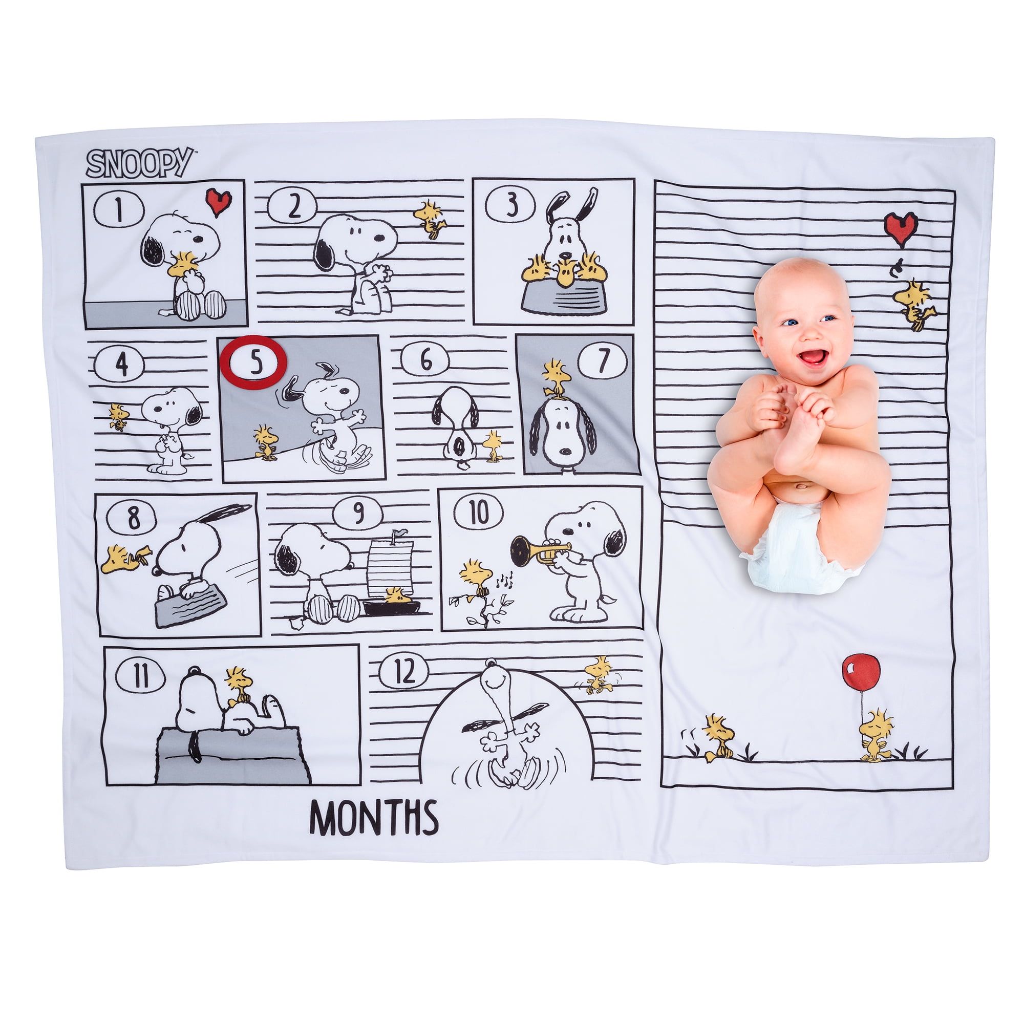 Lambs & Ivy Snoopy Milestone Photo Opportunity Black/White Fleece Baby Blanket