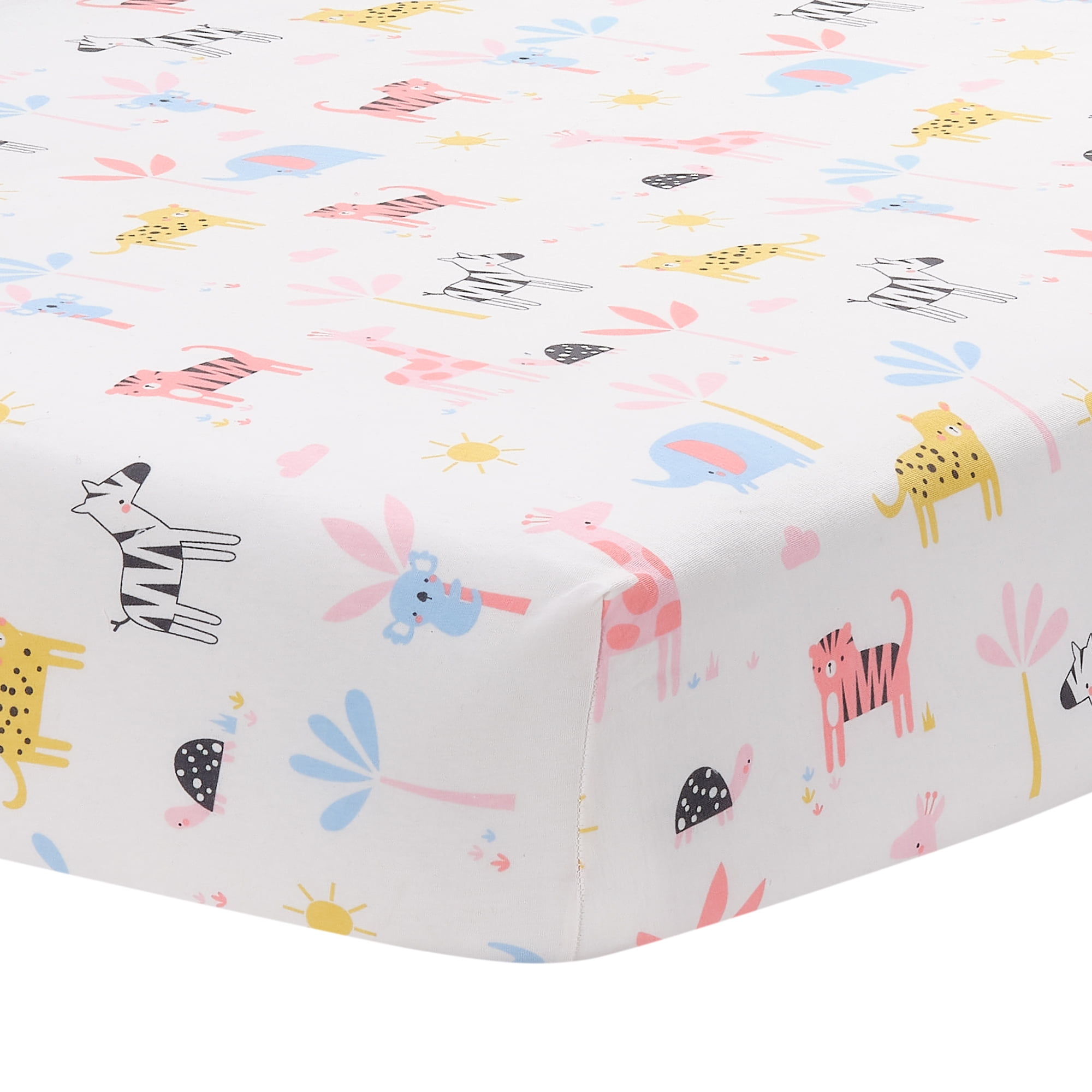 White Cotton Jersey Safari Print Fitted Crib Sheet
