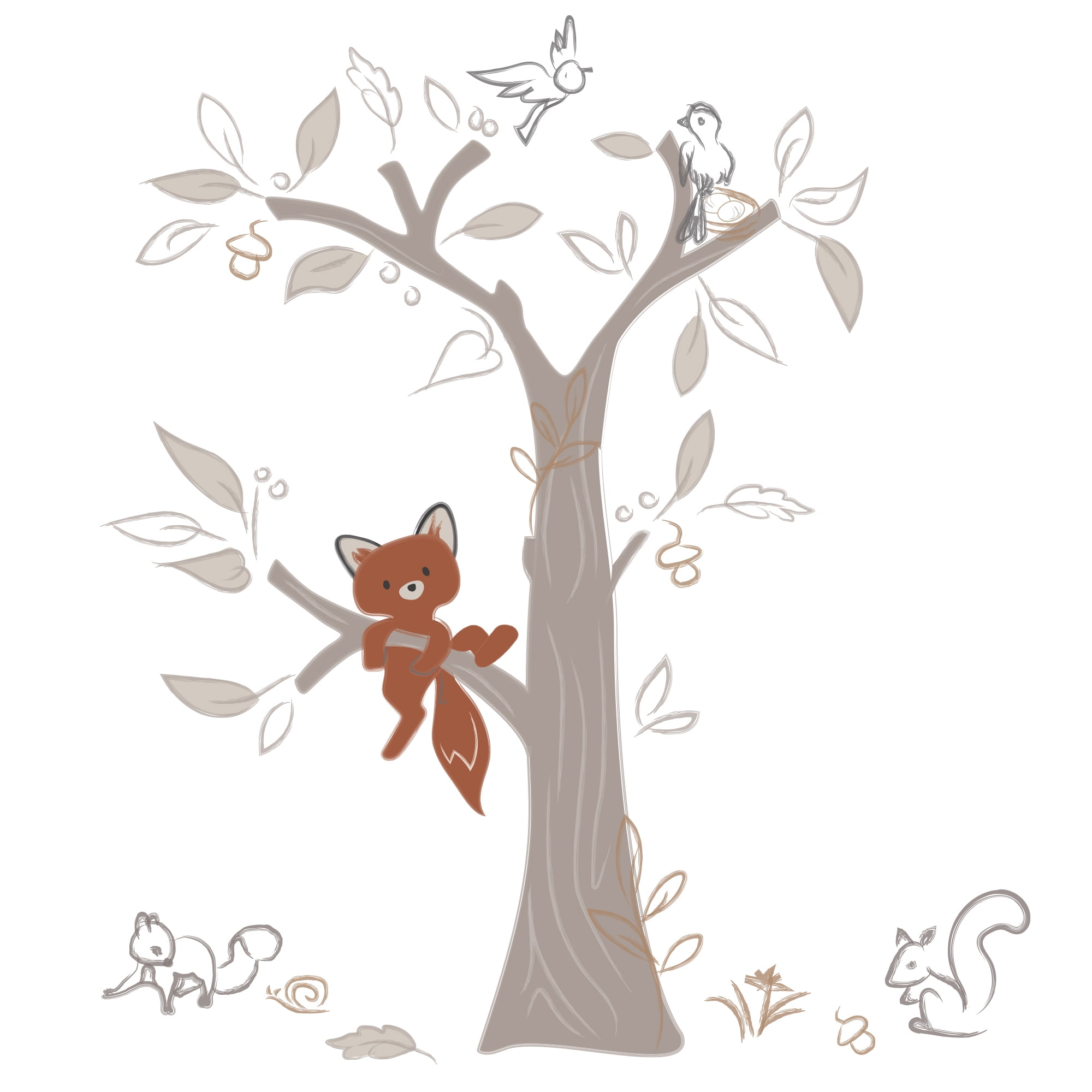 Beige Tree with Woodland Animals Nursery Wall Decals