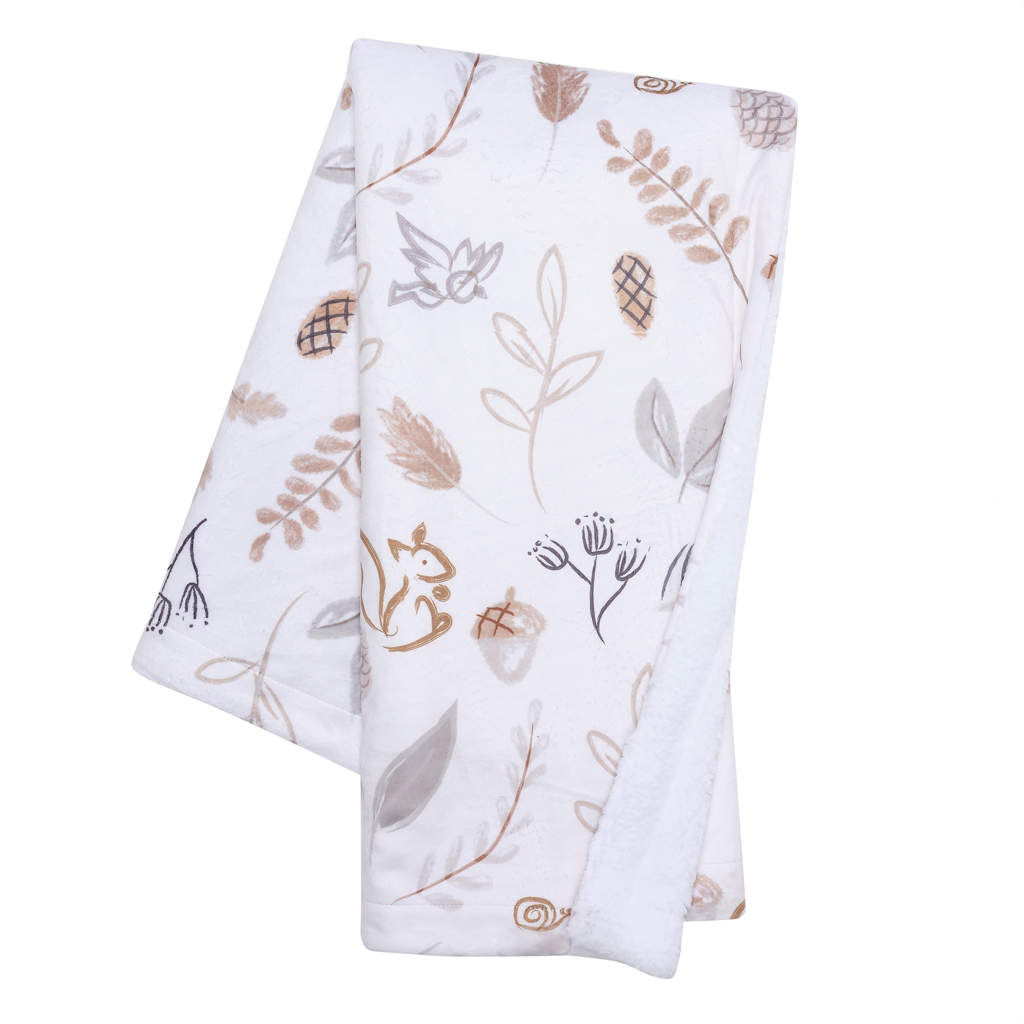 White and Beige Fleece Baby Blanket with Forest Animals
