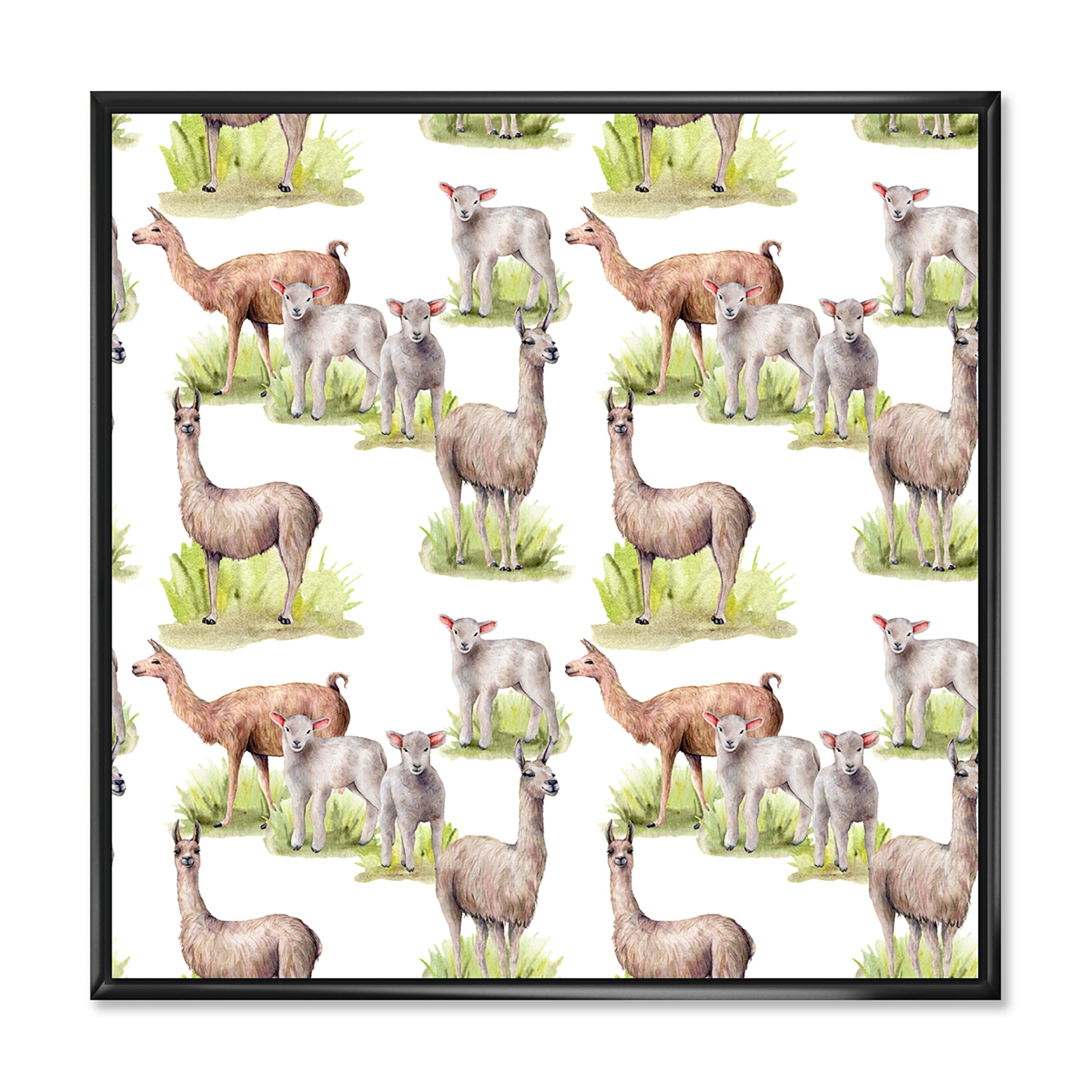 Lambs and Lamas On A Green Meadow 36 in x 36 in Framed Painting Canvas Art Print, by Designart