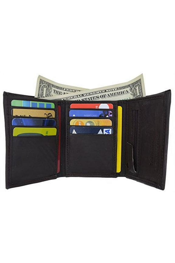 Lambskin Leather Men's Trifold Outside ID Credit Card Holder W/Zipper Pocket Wallet (Brown)