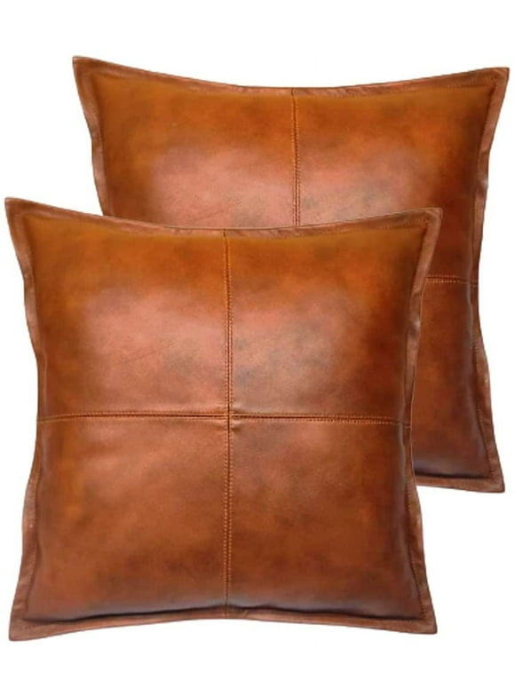 Lambskin Leather Pillow Cover  Sofa Cushion Case - Decorative Throw Covers for Living Room & Bedroom Set of 2 14 x 14