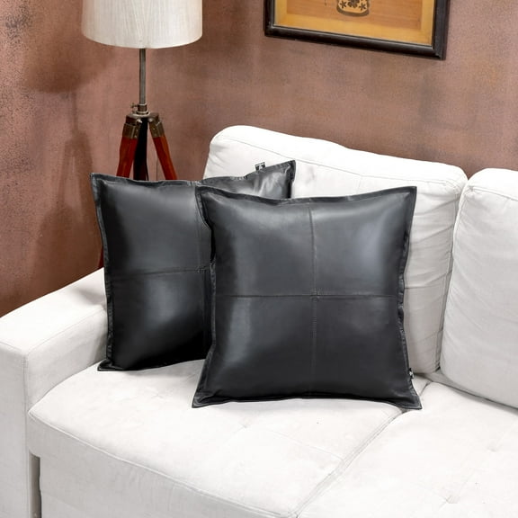 Lambskin Leather Pillow Cover, Sofa Cushion Case, Home Decor Style for Living Room & Bedroom, Black Box, 14x14
