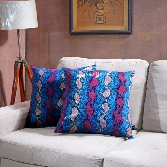 Lambskin Leather Pillow Cover, Sofa Cushion Case, Home Decor Style for Living Room & Bedroom, Bold Blue Python, 14x14