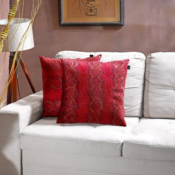 Lambskin Leather Pillow Cover, Sofa Cushion Case, Home Decor Style for Living Room & Bedroom, Bold Red Python, 14x14
