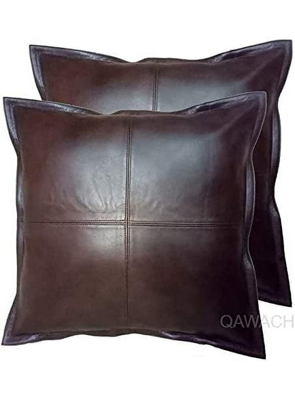 Lambskin Leather Pillow Cover, Sofa Cushion Case, Home Decor Style for Living Room & Bedroom, Brown 14X14