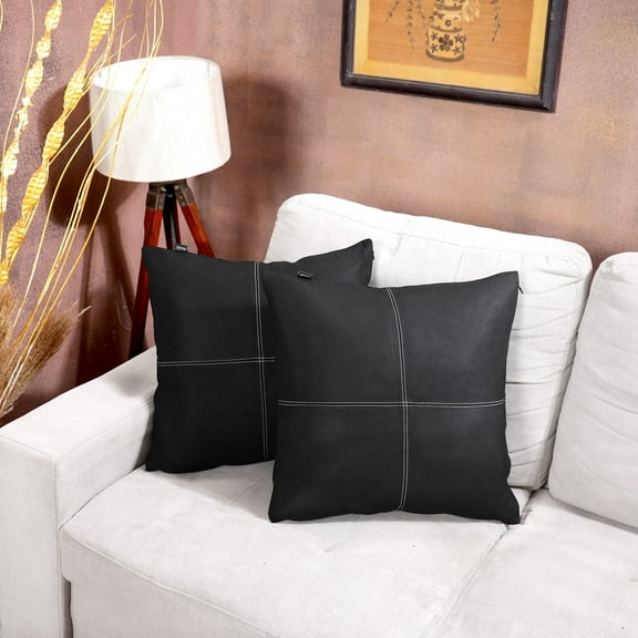 Lambskin Leather Pillow Cover, Sofa Cushion Case, Home Decor Style for Living Room & Bedroom, Light Weight Black, 14x14