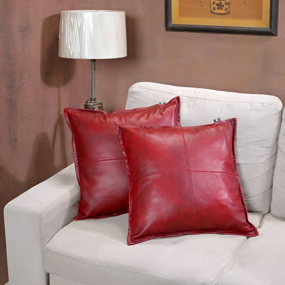 Lambskin Leather Pillow Cover, Sofa Cushion Case, Home Decor Style for Living Room & Bedroom, Spanish Red Box, 14x14