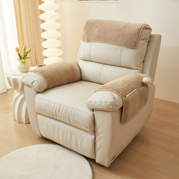Lambskin Sofa Armrest Cover with Storage Bag, Non Slip Plush Recliner Protector Pad, 66x50cm Washable Furniture Arm Rest, for Living Room Chair Pet Protection, Elastic Slipcovers with Pockets, Khaki