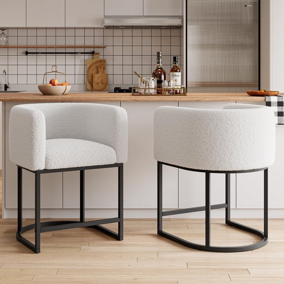 Lambswool Cushioned Counter-Height Bar Stools with Arms & Backrest, Black Metal Frame, 24 in, for Kitchen Island/Bar/Dining Room - White, Set of 2