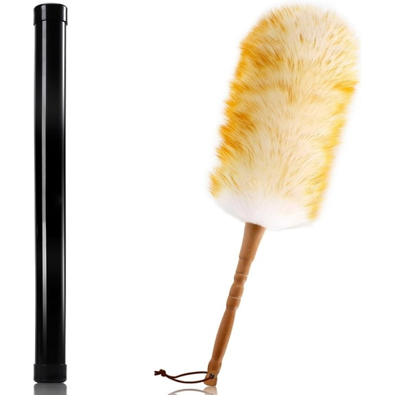 Lambswool Duster with Solid Wooden Handle,Leather Hang Strap,18.9 inch Long,Natural Feather Duster for Cleaning Ceiling Fans,Window Blinds,Computer Screens,Bookshelves etc