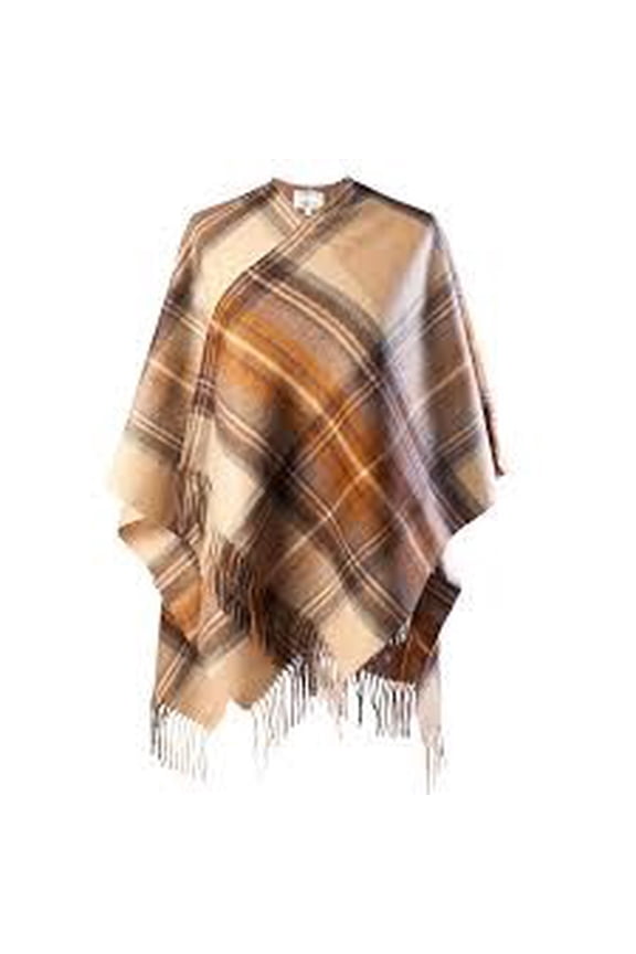 Lambswool Mini Cape, Stewart Natural Plaid Pattern, Fringed Hem