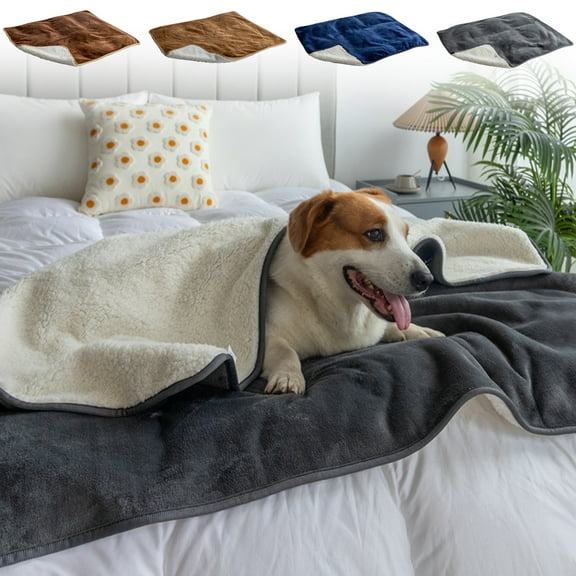 Lambswool Pet Blanket Large Size | Waterproof Flannel Mat for Dog Cat Kennel | Reversible Warm Soft Quilt | 40x30in | Gray Navy Brown Coffee | 1PC | Cozy Bed Cover