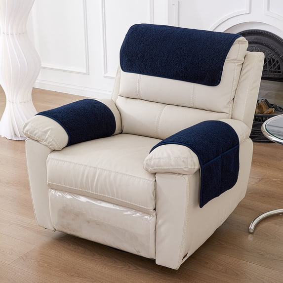 Lambswool Sofa Armrest Cushion with Storage Pockets, Blue, Water Resistant and Pet Resistant Fabric for Living Room Chair Protection (3 Pcs)