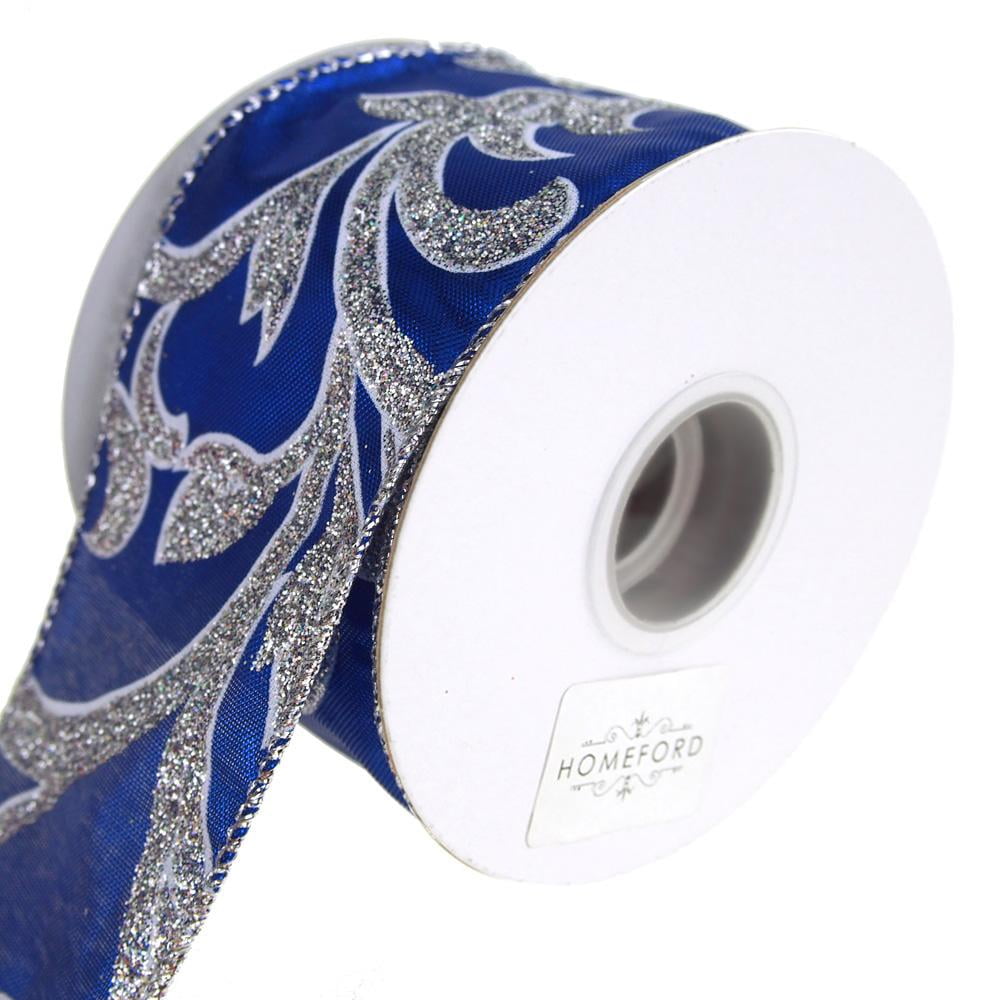 Lame Scroll Glittered Silver Christmas Holiday Wired Ribbon, Royal Blue