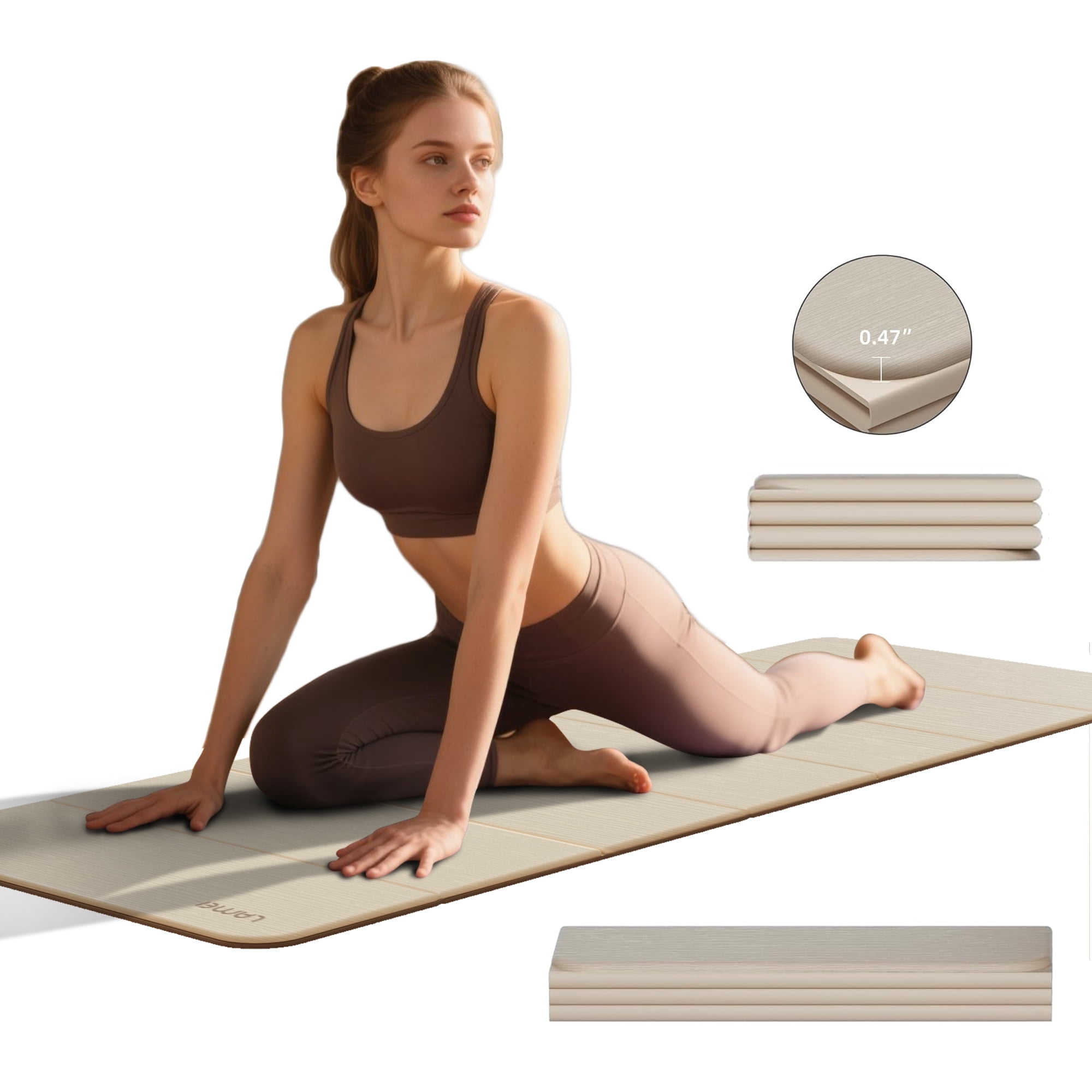 Lamei Foldable Yoga Mat, Extra Thick 1/2 inch Exercise Mat for Home Workout, Non-Slip Pilates Mats, Easy Storage, Quick Fold, No Curl(Beige)