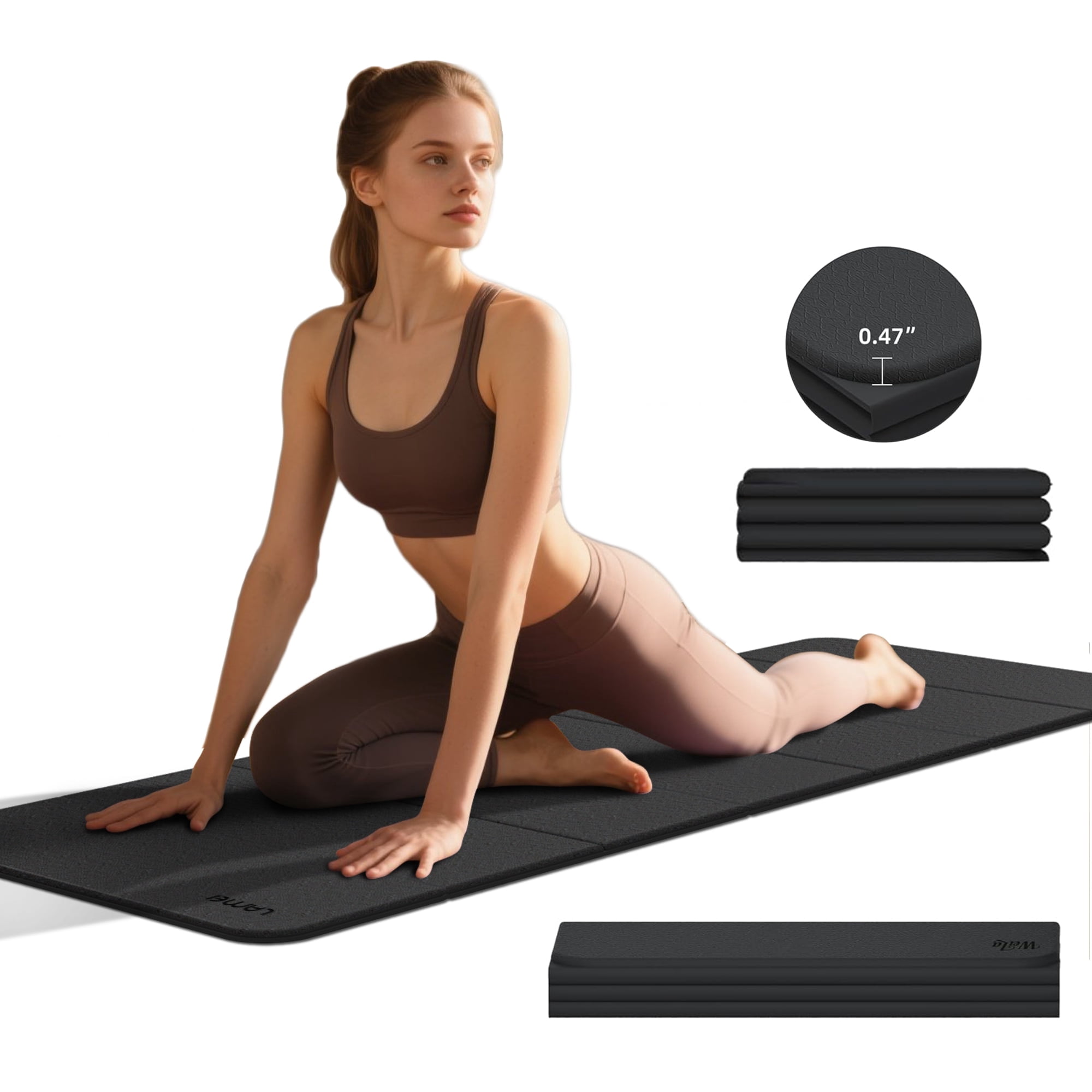 Lamei Foldable Yoga Mat, Extra Thick 1/2 inch Exercise Mat for Home Workout, Non-Slip Pilates Mats, Easy Storage, Quick Fold, No Curl(Black)